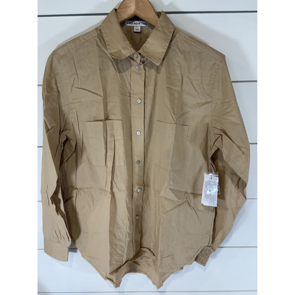 And Now This Poplin‎ Shirt Womens S Light Camel Brown Cotton Long Sleeve NWT